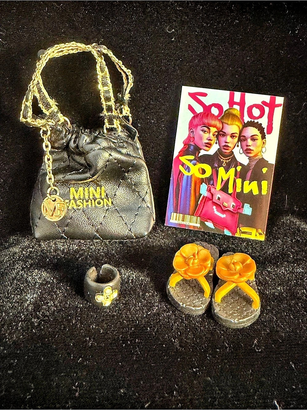 Zuru Mini Brand Fashion Series 4 Black and Gold Quilted Bag and Sandals
